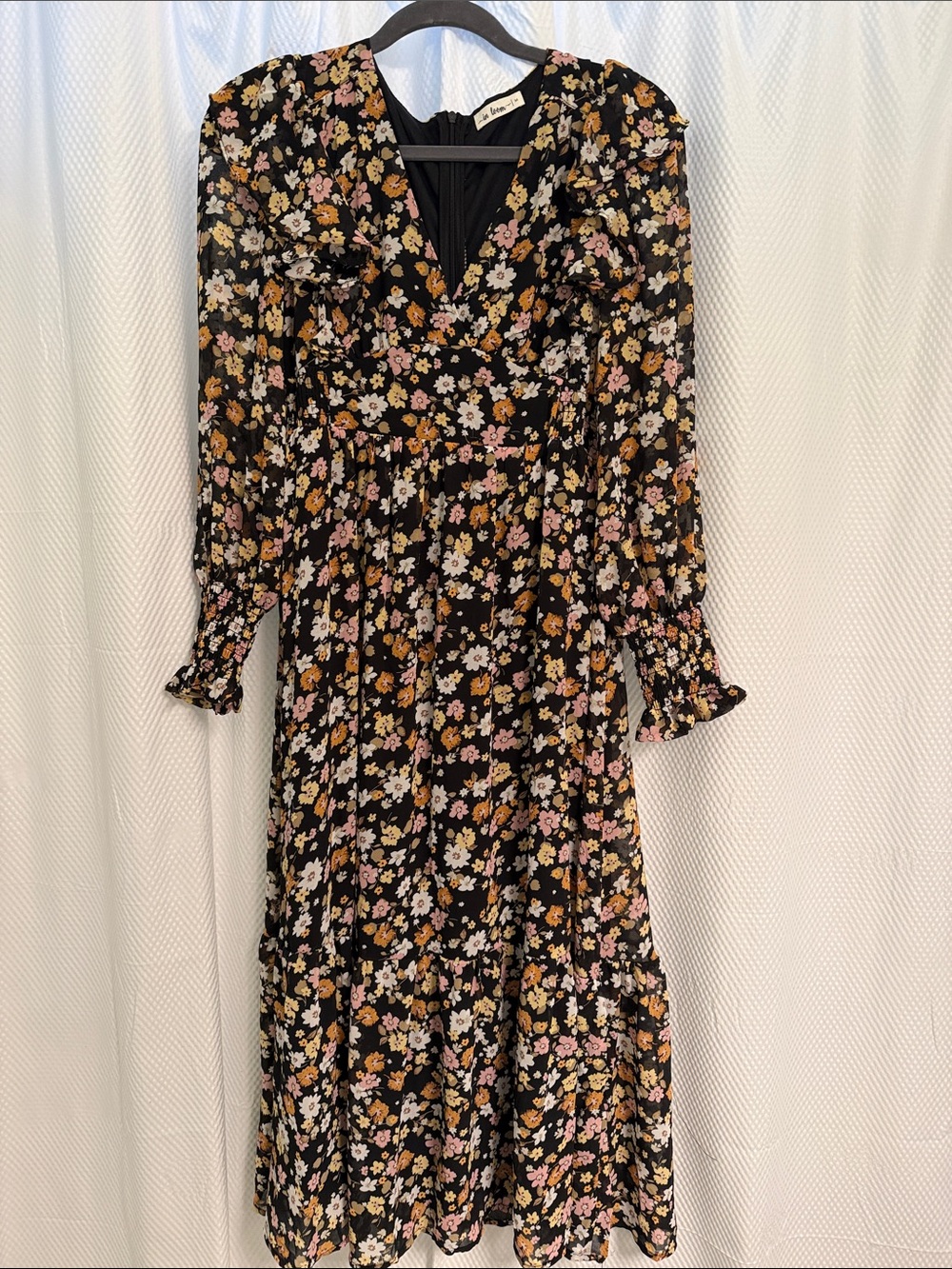 Floral Tiered Long Sleeve Midi Dress - Black/Pink/Yellow - by In Loom